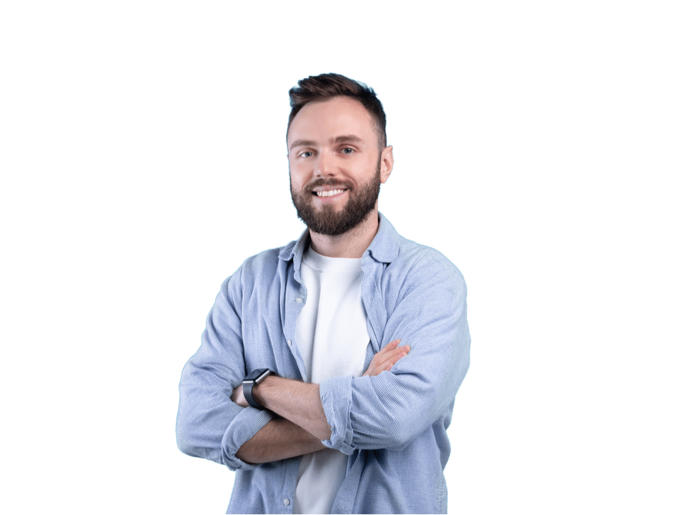man with blue shirt and beard looking happy