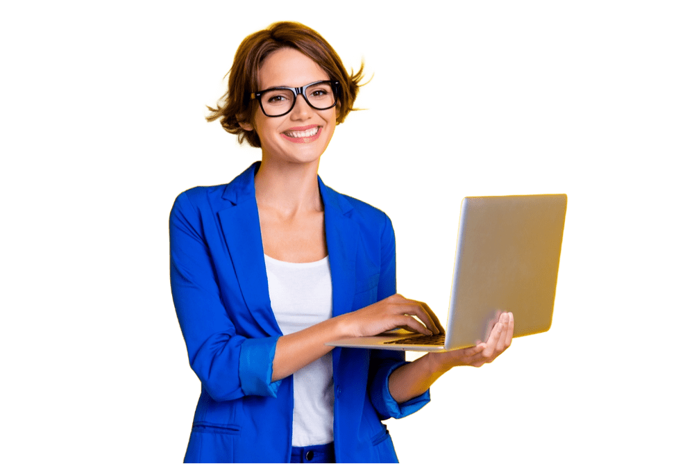 woman wearing blue top and holding computer smiling