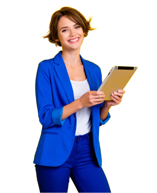 woman dressed in blue holding tablet / computer and smiling
